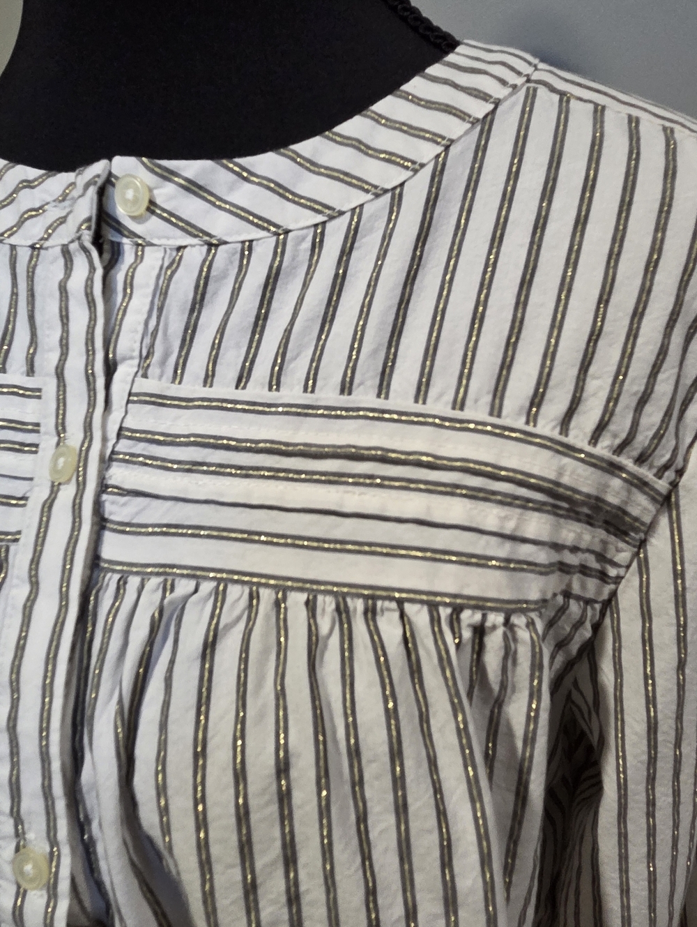 LOFT Cream and Gray Striped Button-Down Top With Gold Metalic Thread - Picture 4 of 8
